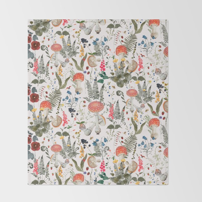 Watercolor Hand Drawn Mushroom Autumn Garden Throw Blanket Gallery Image 2