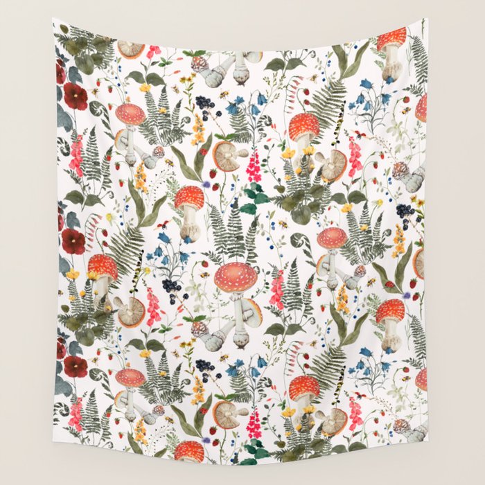 Watercolor Hand Drawn Mushroom Autumn Garden Wall Tapestry Gallery Image 4