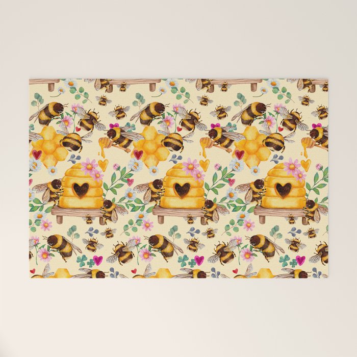 Bees with Flowers and Honey Welcome Mat Gallery Image 1