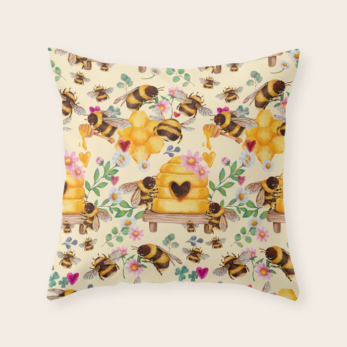 Bees with Flowers and Honey Throw Pillow Gallery Image 6