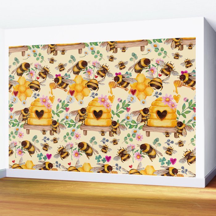 Bees with Flowers and Honey Wall Mural Gallery Image 2