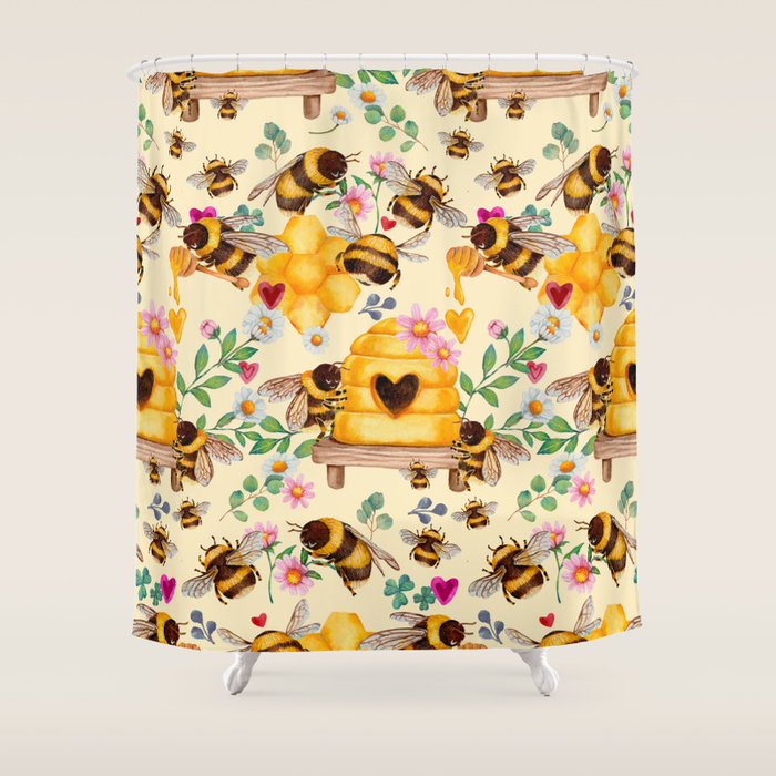 Bees with Flowers and Honey Shower Curtain Gallery Image 1