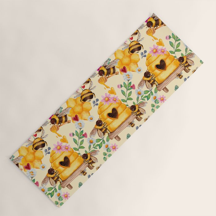 Bees with Flowers and Honey Yoga Mat Gallery Image 1