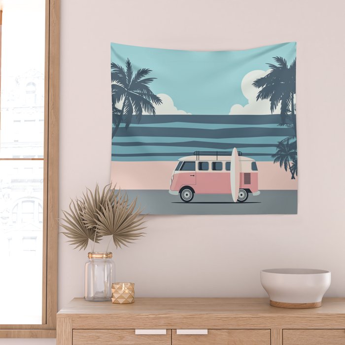 Surfer Graphic Beach Palm-Tree Camper-Van Art Wall Tapestry Gallery Image 2