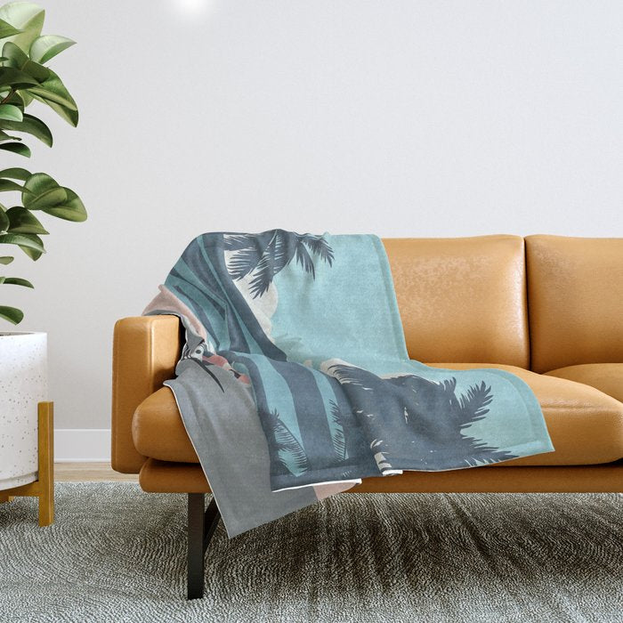 Surfer Graphic Beach Palm-Tree Camper-Van Art Throw Blanket Gallery Image 1