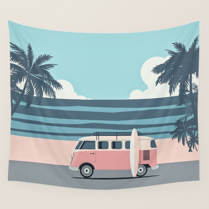 Surfer Graphic Beach Palm-Tree Camper-Van Art Wall Tapestry Gallery Image 4