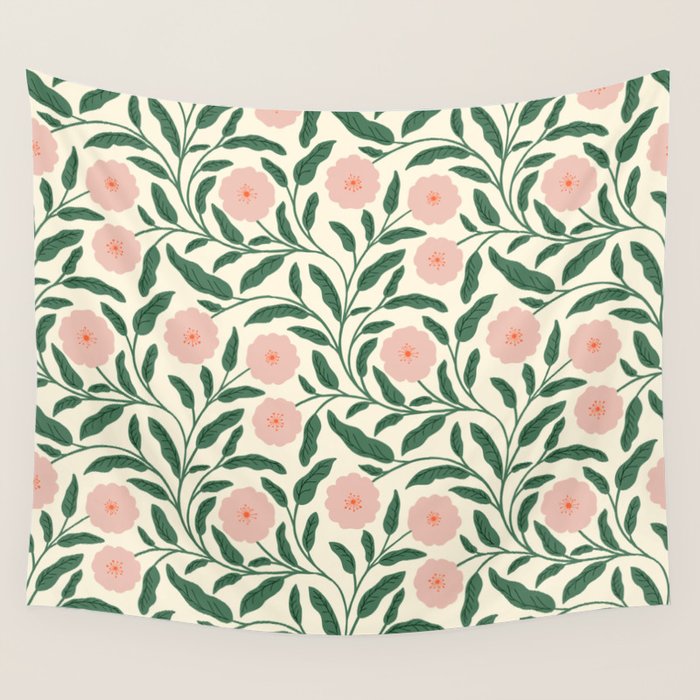 Bold Pink Botanical Blooms on Light Pattern Wall Tapestry