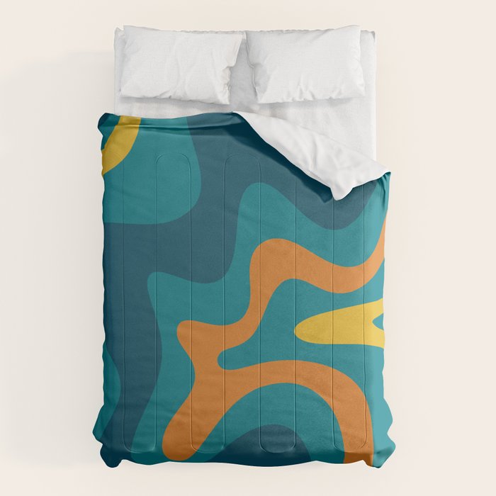 Retro Liquid Swirl Abstract Pattern Square in Moroccan Blue, Teal, Orange, and Mustard Comforter Gallery Image 1