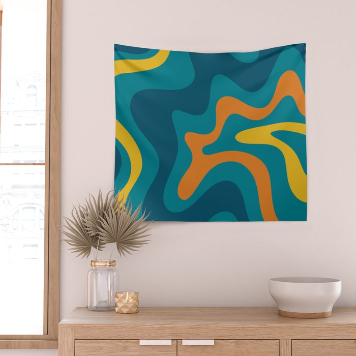Retro Liquid Swirl Abstract Pattern Square in Moroccan Blue, Teal, Orange, and Mustard Wall Tapestry Gallery Image 2