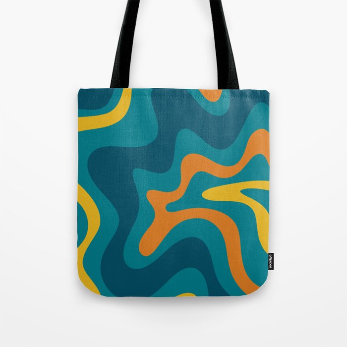 Retro Liquid Swirl Abstract Pattern Square in Moroccan Blue, Teal, Orange, and Mustard Tote Bag Gallery Image 1