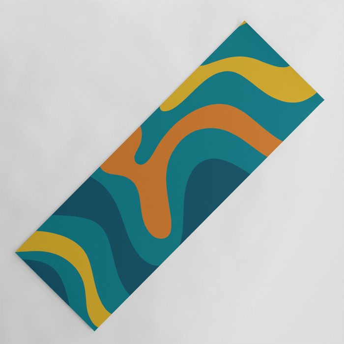 Retro Liquid Swirl Abstract Pattern Square in Moroccan Blue, Teal, Orange, and Mustard Yoga Mat Gallery Image 1