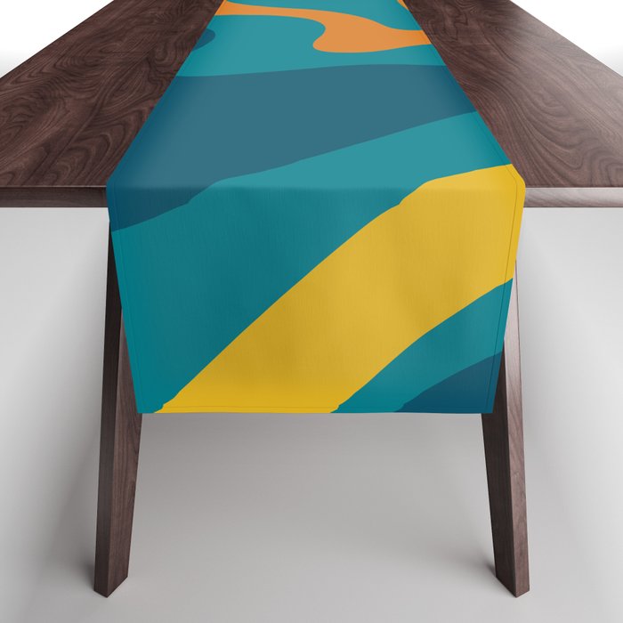 Retro Liquid Swirl Abstract Pattern Square in Moroccan Blue, Teal, Orange, and Mustard Table Runner Gallery Image 1
