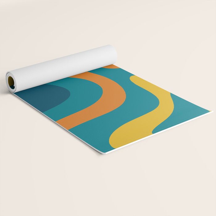 Retro Liquid Swirl Abstract Pattern Square in Moroccan Blue, Teal, Orange, and Mustard Yoga Mat Gallery Image 2
