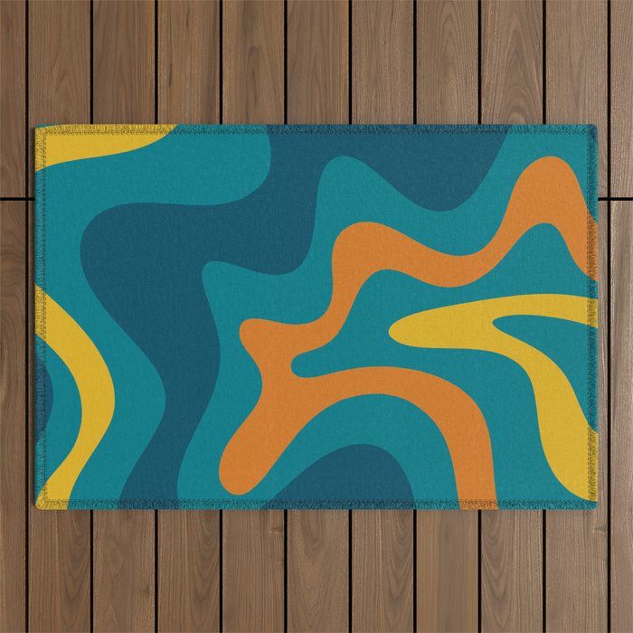 Retro Liquid Swirl Abstract Pattern Square in Moroccan Blue, Teal, Orange, and Mustard Outdoor Rug Gallery Image 1