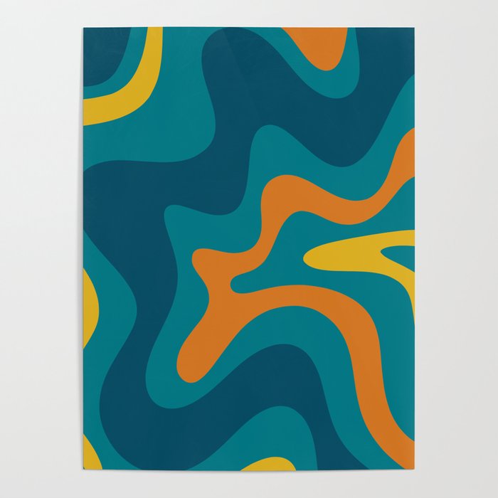 Retro Liquid Swirl Abstract Pattern Square in Moroccan Blue, Teal, Orange, and Mustard Poster Gallery Image 4