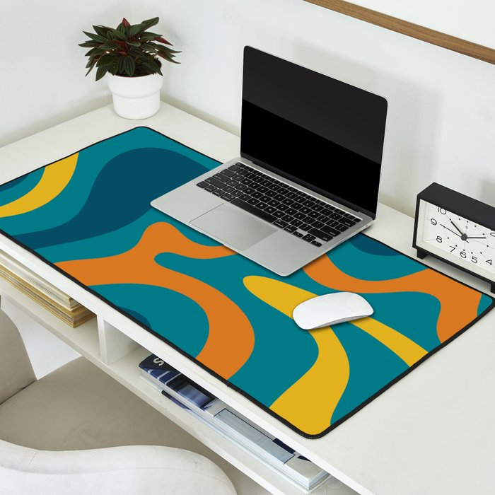 Retro Liquid Swirl Abstract Pattern Square in Moroccan Blue, Teal, Orange, and Mustard Desk Mat Gallery Image 2