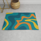 Retro Liquid Swirl Abstract Pattern Square in Moroccan Blue, Teal, Orange, and Mustard Rug Gallery Image 1