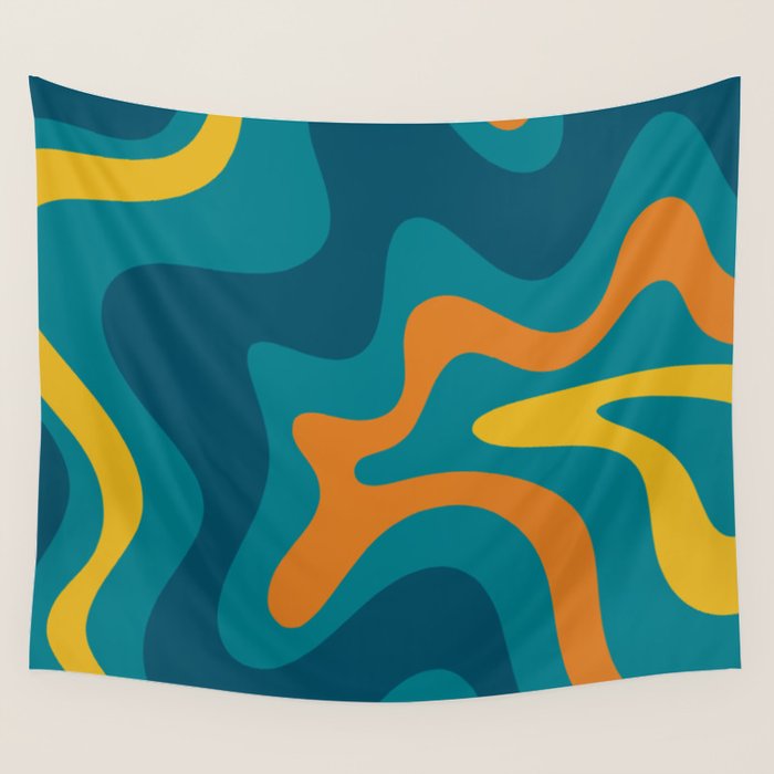 Retro Liquid Swirl Abstract Pattern Square in Moroccan Blue, Teal, Orange, and Mustard Wall Tapestry Gallery Image 4