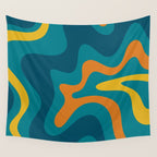 Retro Liquid Swirl Abstract Pattern Square in Moroccan Blue, Teal, Orange, and Mustard Wall Tapestry Gallery Image 4