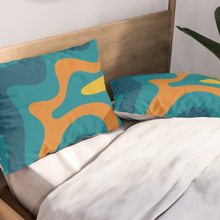 Retro Liquid Swirl Abstract Pattern Square in Moroccan Blue, Teal, Orange, and Mustard Pillow Sham Gallery Image 2
