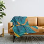 Retro Liquid Swirl Abstract Pattern Square in Moroccan Blue, Teal, Orange, and Mustard Throw Blanket Gallery Image 1