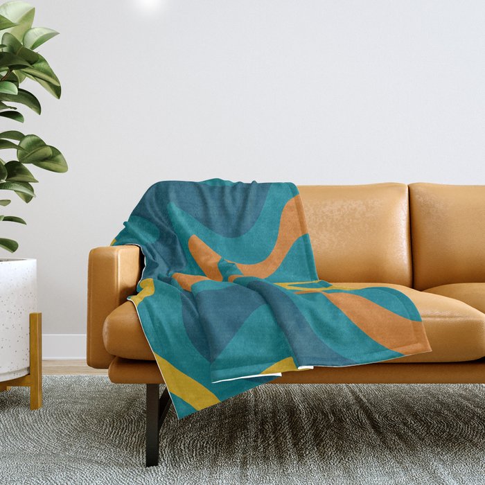 Retro Liquid Swirl Abstract Pattern Square in Moroccan Blue, Teal, Orange, and Mustard Throw Blanket Gallery Image 1