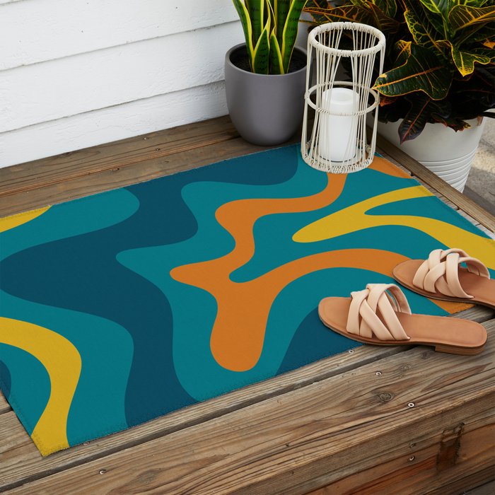 Retro Liquid Swirl Abstract Pattern Square in Moroccan Blue, Teal, Orange, and Mustard Outdoor Rug Gallery Image 2