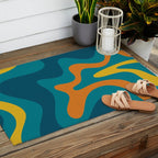 Retro Liquid Swirl Abstract Pattern Square in Moroccan Blue, Teal, Orange, and Mustard Outdoor Rug Gallery Image 2