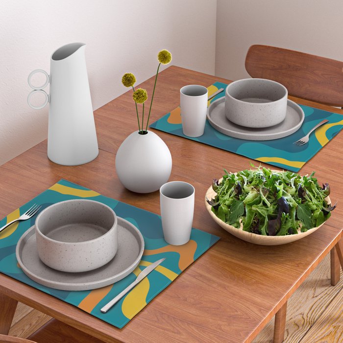 Retro Liquid Swirl Abstract Pattern Square in Moroccan Blue, Teal, Orange, and Mustard Placemat Gallery Image 2