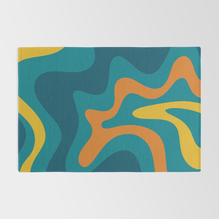 Retro Liquid Swirl Abstract Pattern Square in Moroccan Blue, Teal, Orange, and Mustard Rug Gallery Image 2