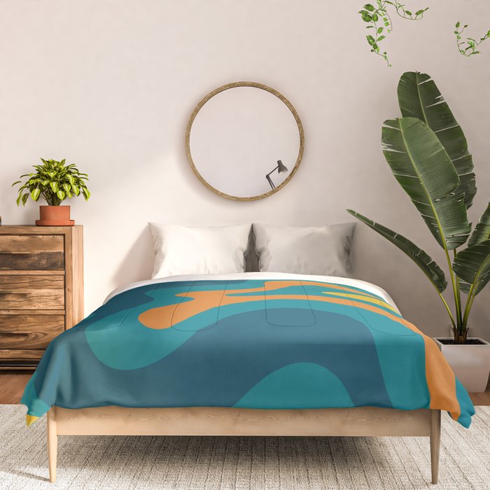 Retro Liquid Swirl Abstract Pattern Square in Moroccan Blue, Teal, Orange, and Mustard Comforter Gallery Image 3