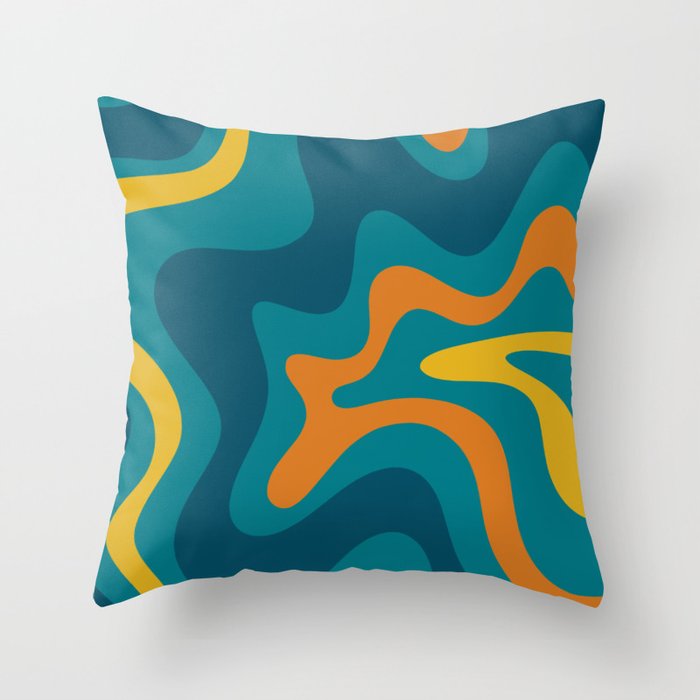 Retro Liquid Swirl Abstract Pattern Square in Moroccan Blue, Teal, Orange, and Mustard Throw Pillow Gallery Image 1