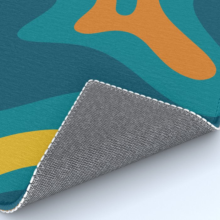 Retro Liquid Swirl Abstract Pattern Square in Moroccan Blue, Teal, Orange, and Mustard Rug Gallery Image 4