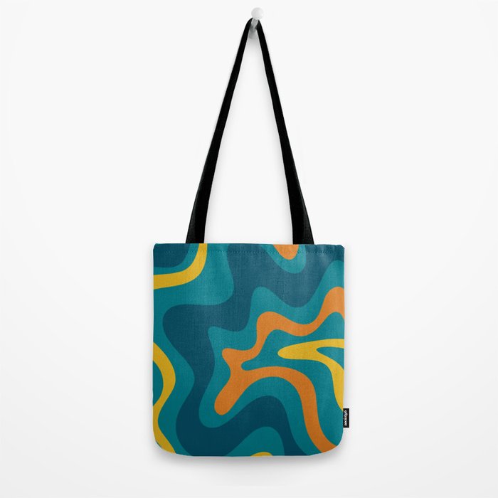 Retro Liquid Swirl Abstract Pattern Square in Moroccan Blue, Teal, Orange, and Mustard Tote Bag Gallery Image 2