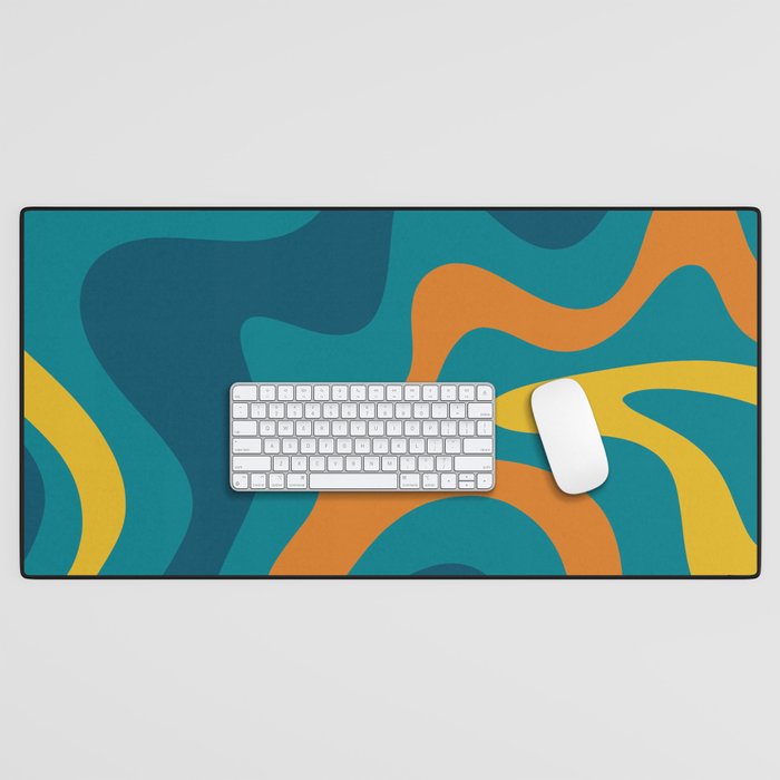 Retro Liquid Swirl Abstract Pattern Square in Moroccan Blue, Teal, Orange, and Mustard Desk Mat Gallery Image 1