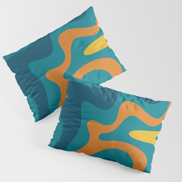 Retro Liquid Swirl Abstract Pattern Square in Moroccan Blue, Teal, Orange, and Mustard Pillow Sham Gallery Image 1