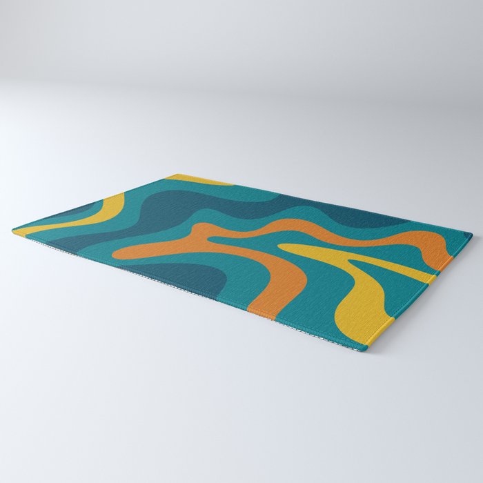 Retro Liquid Swirl Abstract Pattern Square in Moroccan Blue, Teal, Orange, and Mustard Rug Gallery Image 3