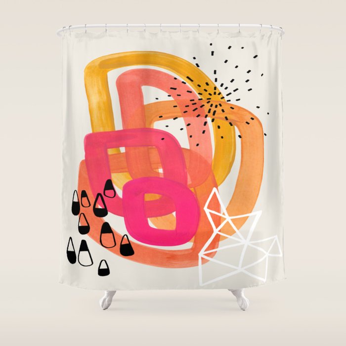 Mid Century Modern Abstract Colorful Art Ombre Magenta Yellow Circles Raindrops Geometric Pattern Shower Curtain Gallery Image 1
