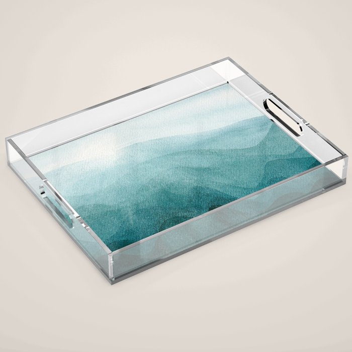 Sunrise in the mountains, dawn, teal, abstract watercolor Acrylic Tray Gallery Image 1