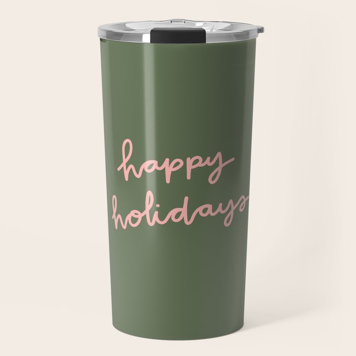 Happy Holidays Green & Pink Travel Mug Gallery Image 1