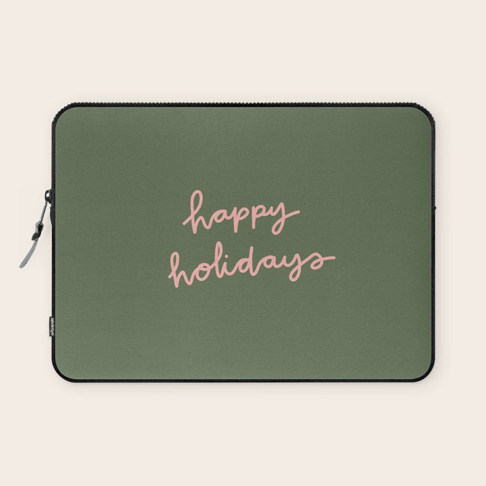 Happy Holidays Green & Pink Laptop Sleeve Gallery Image 1