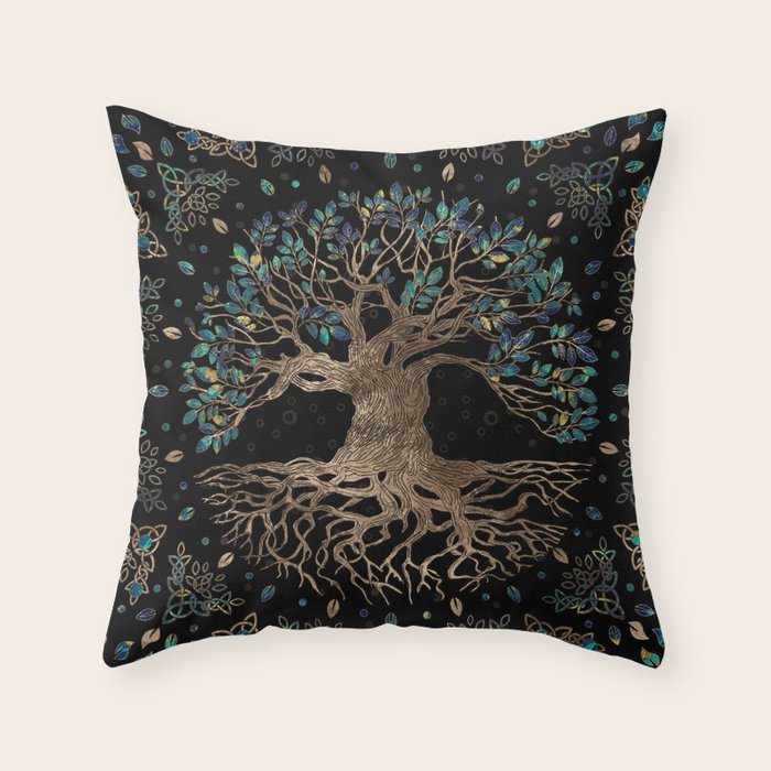 Tree of life -Yggdrasil Golden and Marble ornament Throw Pillow Gallery Image 1