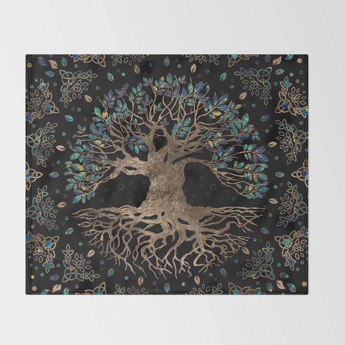 Tree of life -Yggdrasil Golden and Marble ornament Throw Blanket Gallery Image 2