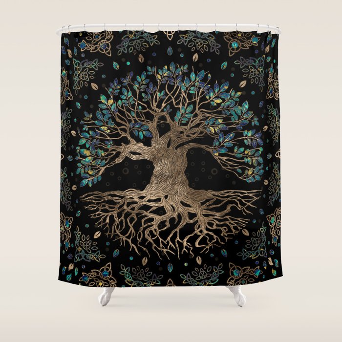 Tree of life -Yggdrasil Golden and Marble ornament Shower Curtain Gallery Image 1