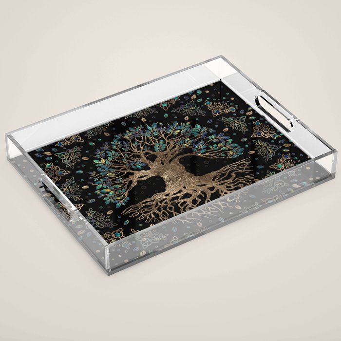 Tree of life -Yggdrasil Golden and Marble ornament Acrylic Tray Gallery Image 1