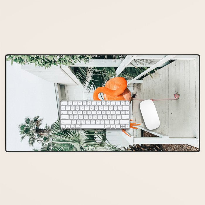 Flamingo Beach House, Wildlife Architecture Jungle Photography, Eclectic Birds Digital Art Desk Mat Gallery Image 1