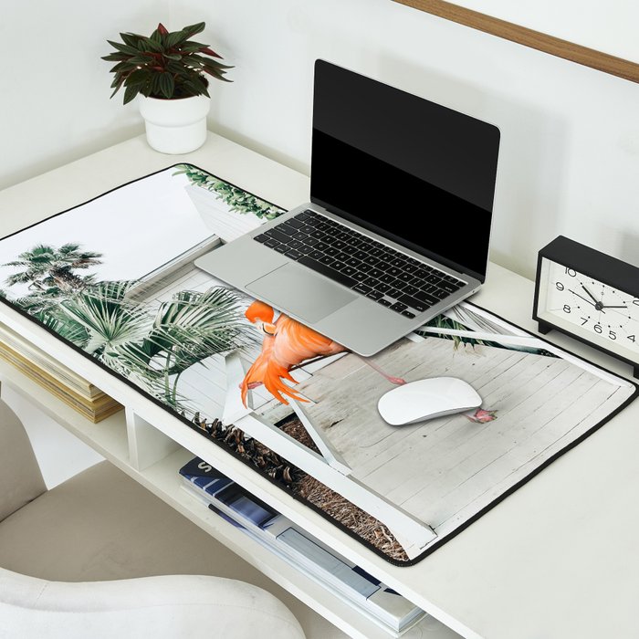 Flamingo Beach House, Wildlife Architecture Jungle Photography, Eclectic Birds Digital Art Desk Mat Gallery Image 2
