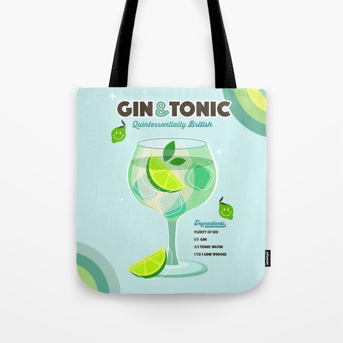 Gin and Tonic Retro Cocktail - Aqua blue green Tote Bag Gallery Image 1