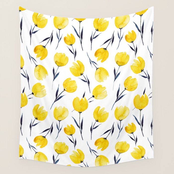 Yellow Tulips | Watercolour Pattern Wall Tapestry Gallery Image 1