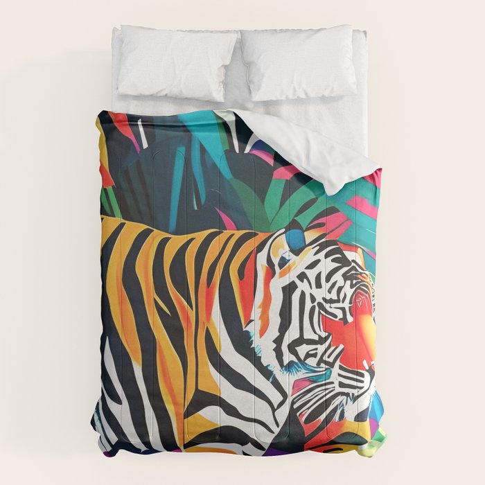 The Tigress, Fearless Wild Animal Tropical Jungle, Multicolor Cat Confidence Peaceful Calm Bohemian Eclectic Comforter Gallery Image 6